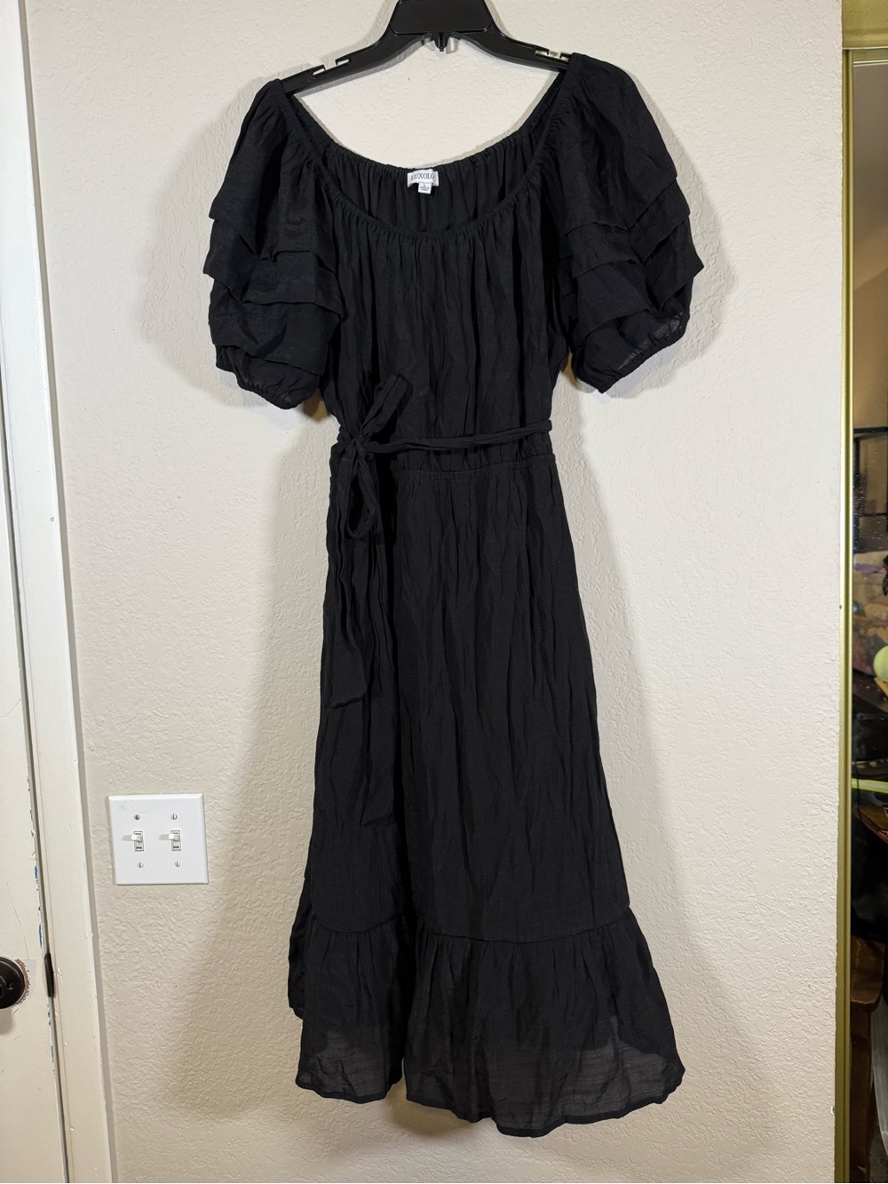 Luxology Black Tiered Puff Ruffle Sleeve Midi Dress Tie Waist Women's Large